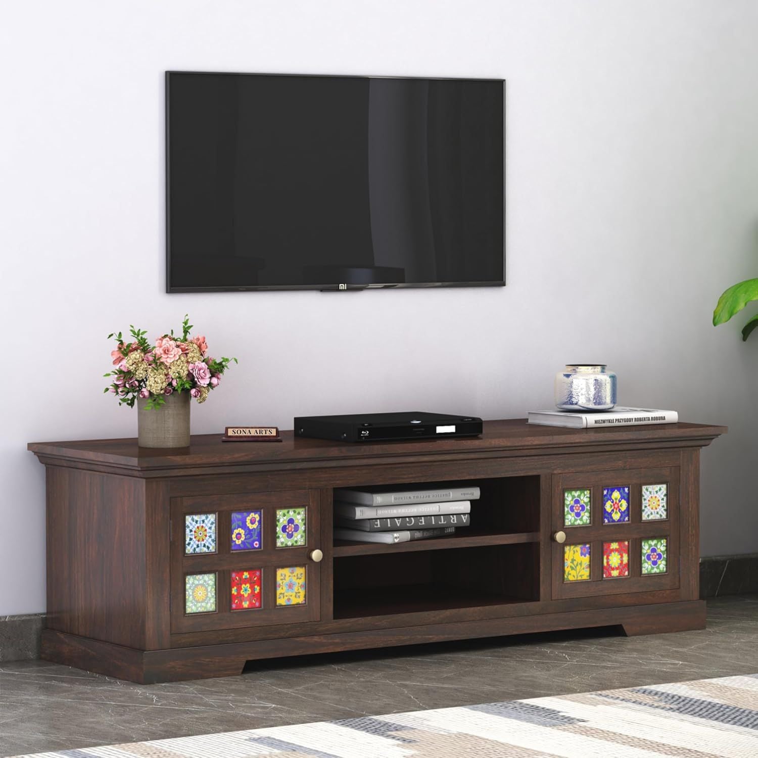Tile Solid Sheesham Wood TV Cabinet Honey Finish - Walnut