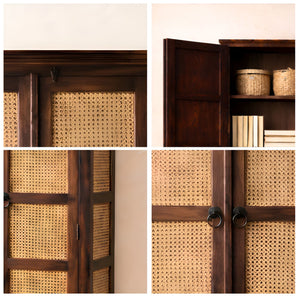 Boho Sheesham Wooden Crockery Cabinet Bookshelf with Door Walnut