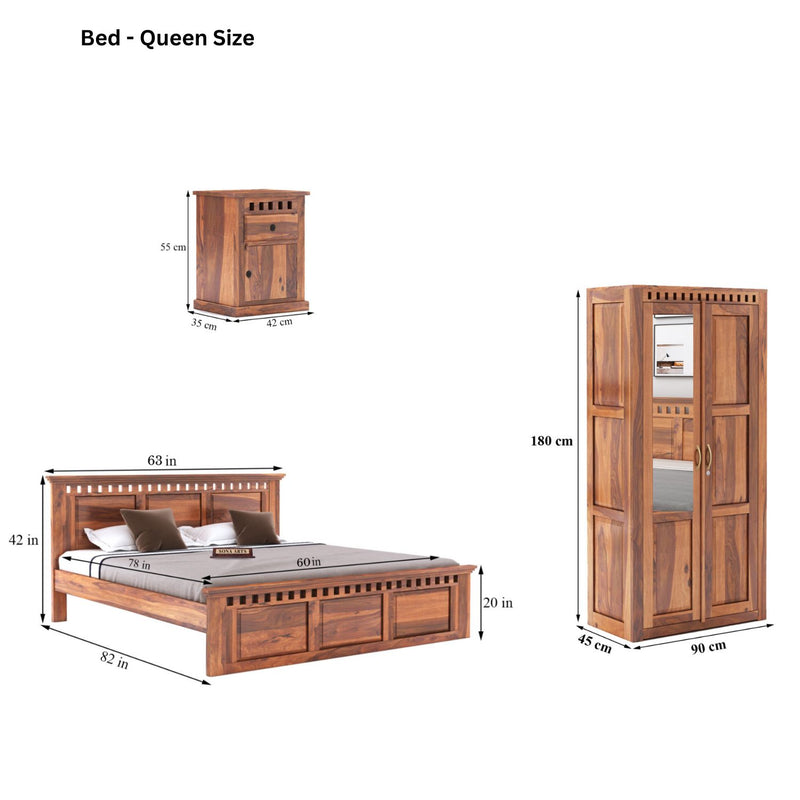 Kuber Queen Size Bed without Storage, Wardrobe & Two Bedside Tables - Natural Finish
