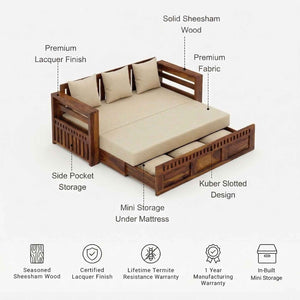 Kuber Wooden Sofa Cum Bed 3 Seater - Natural