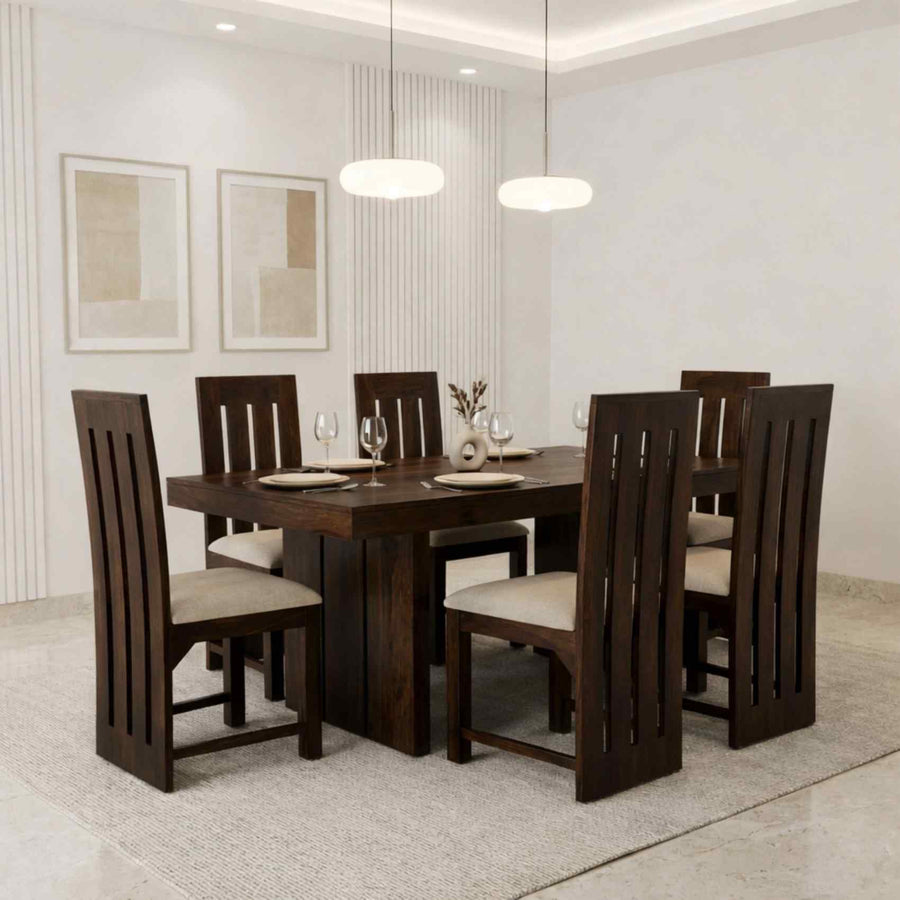 Poster Solid Sheesham Wood 6 Seater Dining Table Set - Walnut
