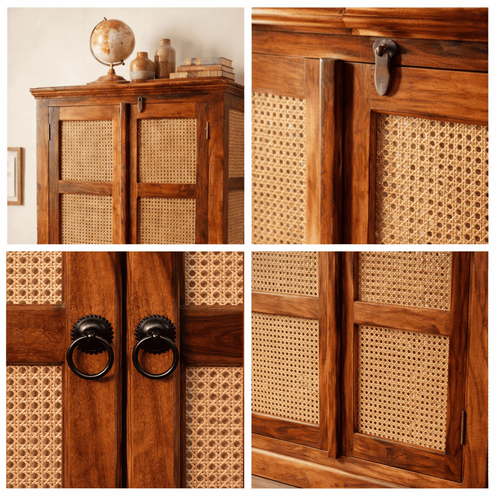 Boho Sheesham Wooden Crockery Cabinet Bookshelf with Door Natural