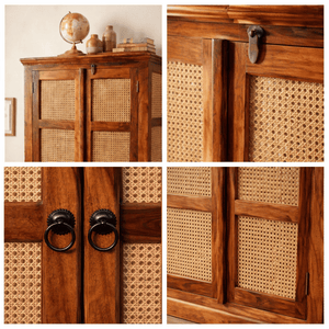 Boho Sheesham Wooden Crockery Cabinet Bookshelf with Door Natural