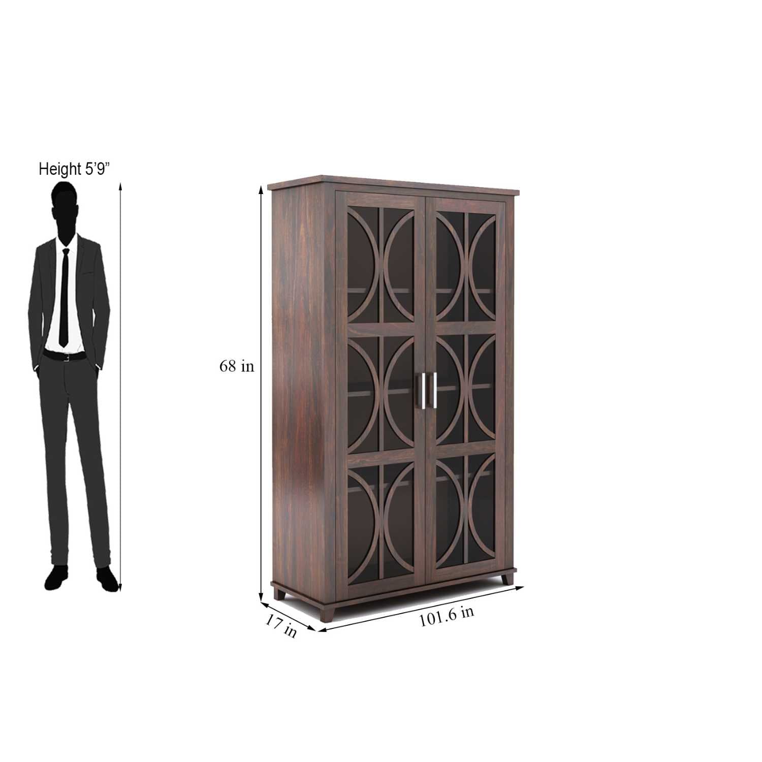 Cross X Bookshelf Cabinet with Glass Door for Kitchen & Living Room - Walnut Finish
