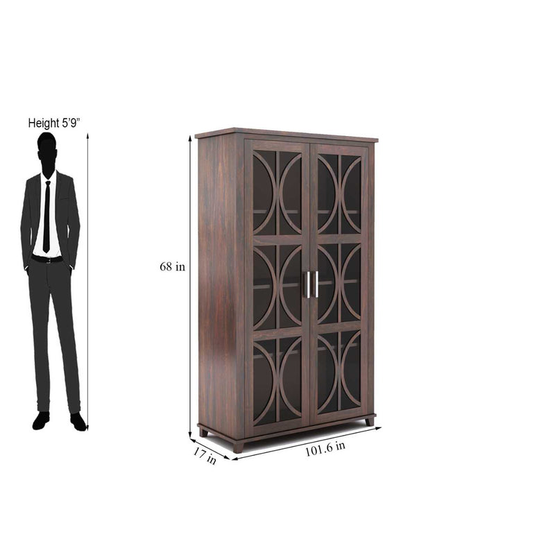 Cross X Bookshelf Cabinet with Glass Door for Kitchen & Living Room - Walnut Finish