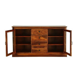 Wooden Glass Sideboard Cabinet Finish - Honey