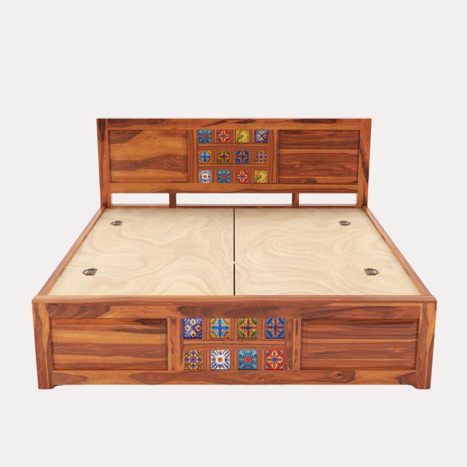 Hera Solid Sheesham Wood Queen Size Bed with Box Storage - Natural Finish