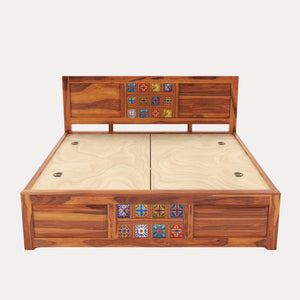 Hera Solid Sheesham Wood Queen Size Bed with Box Storage - Natural Finish