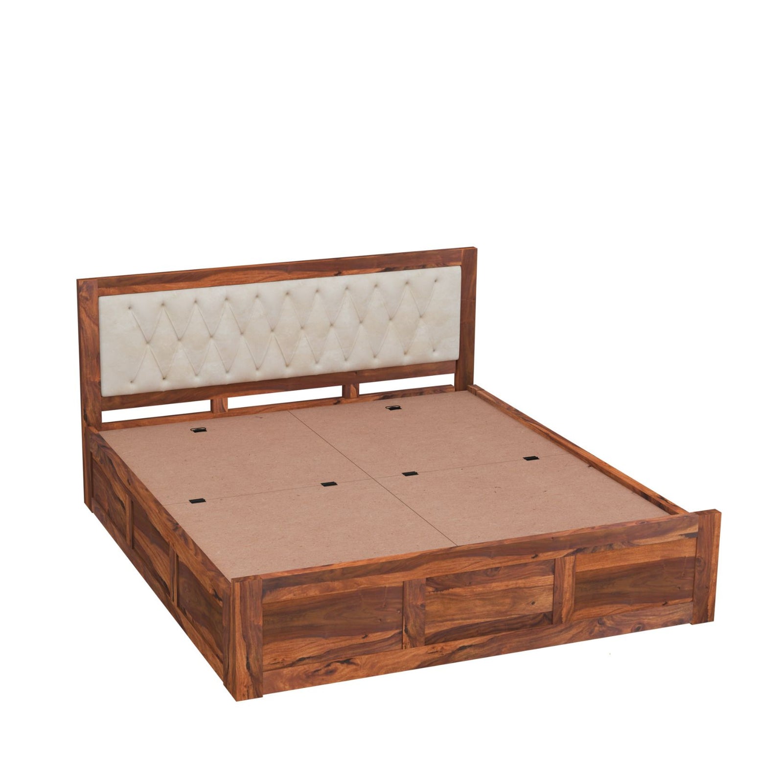 Zeus Solid Sheesham Wood Upholstered Bed King Size with Box Storage - Natural Finish