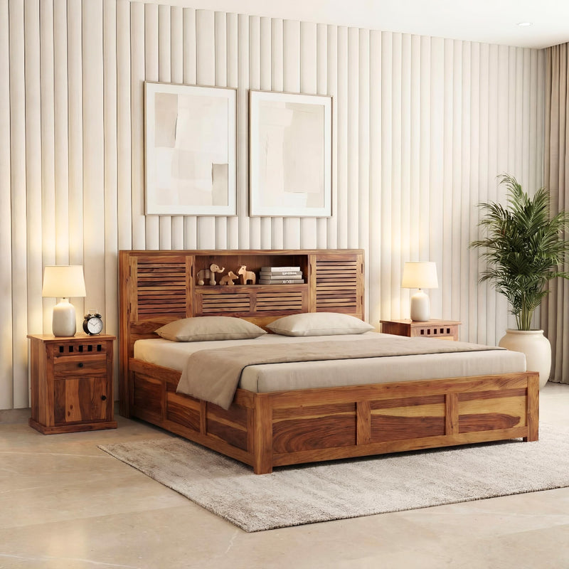 Urban Solid Sheesham Wood King Size Bed with Box Storage - Natural Finish