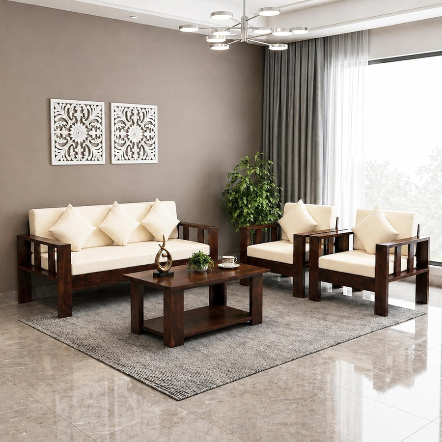 Natraj 5 Seater Solid Sheesham Wood Sofa Set for Living Room - Walnut Finish