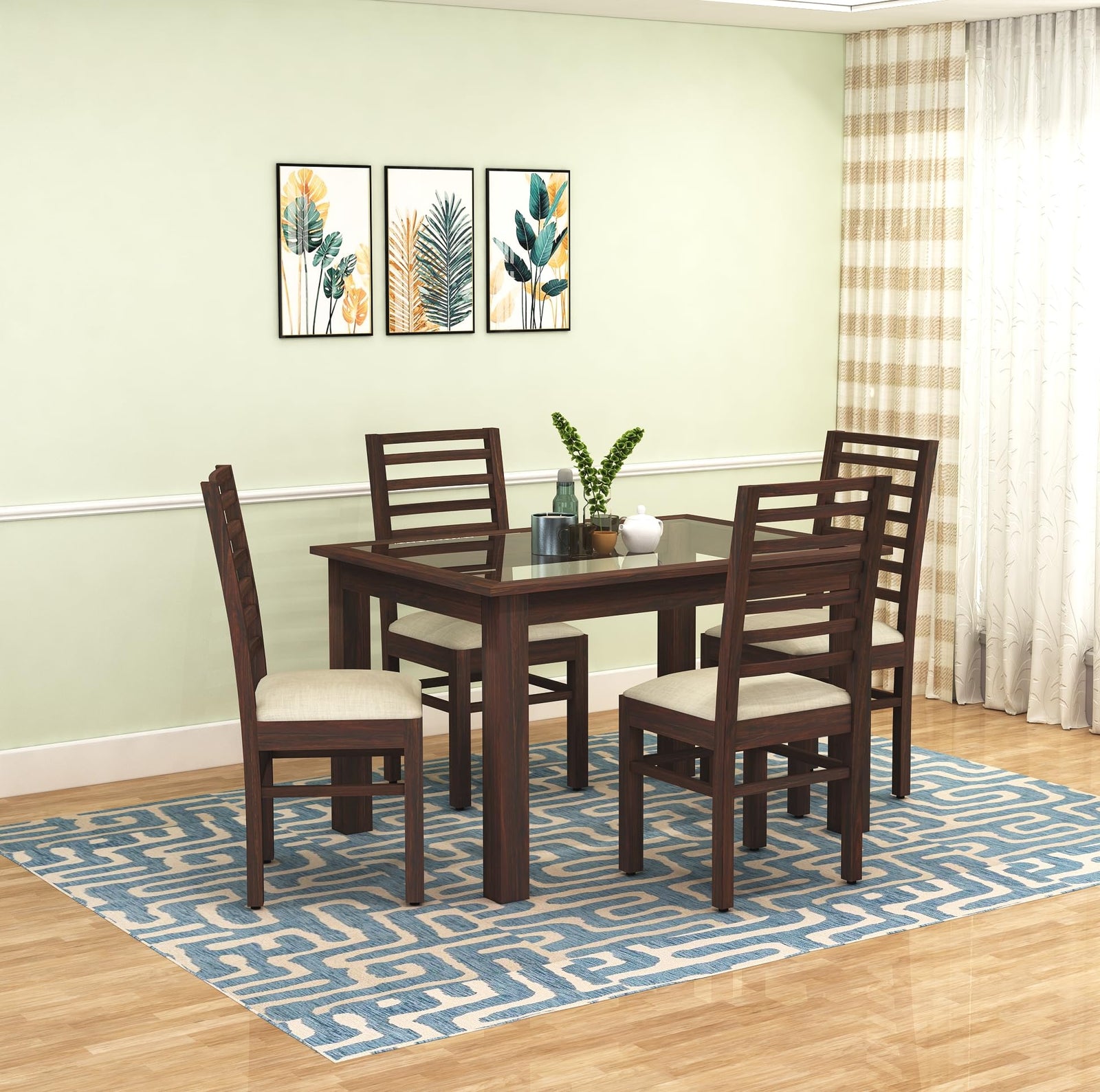 Solid Sheesham Wood Dining Table 4 Seater Dining Table Set with 4 Cushion Chairs & Glass Top Walnut