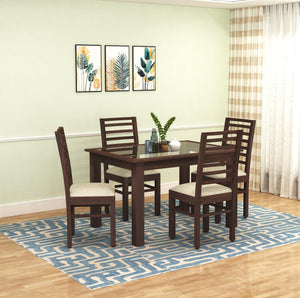 Solid Sheesham Wood Dining Table 4 Seater Dining Table Set with 4 Cushion Chairs & Glass Top Walnut