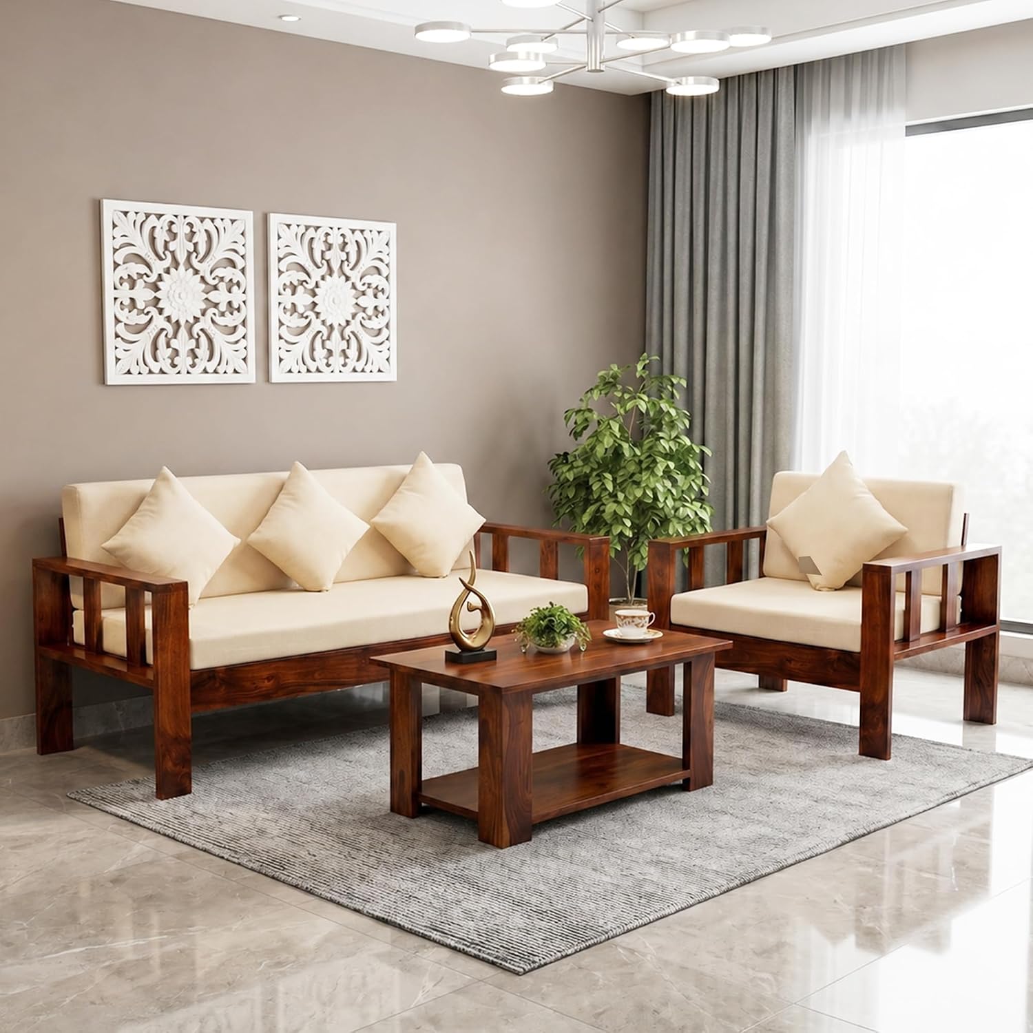 Natraj 4 Seater Solid Sheesham Wood Sofa Set for Living Room - Natural Finish