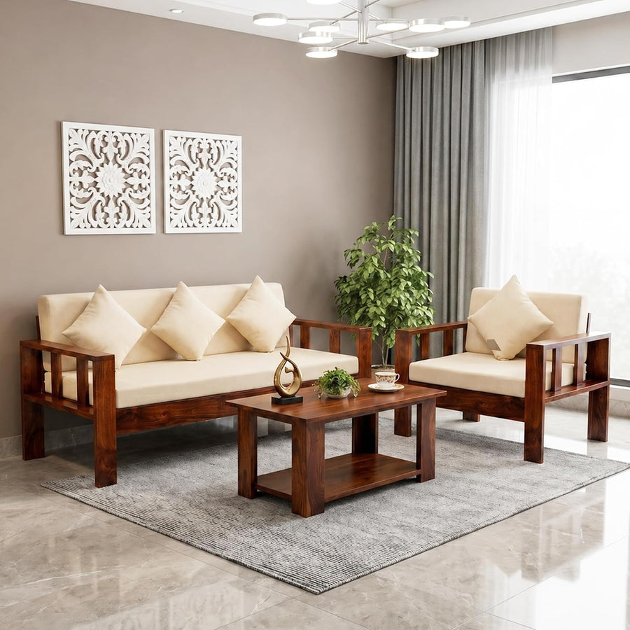 Natraj 4 Seater Solid Sheesham Wood Sofa Set for Living Room - Natural Finish