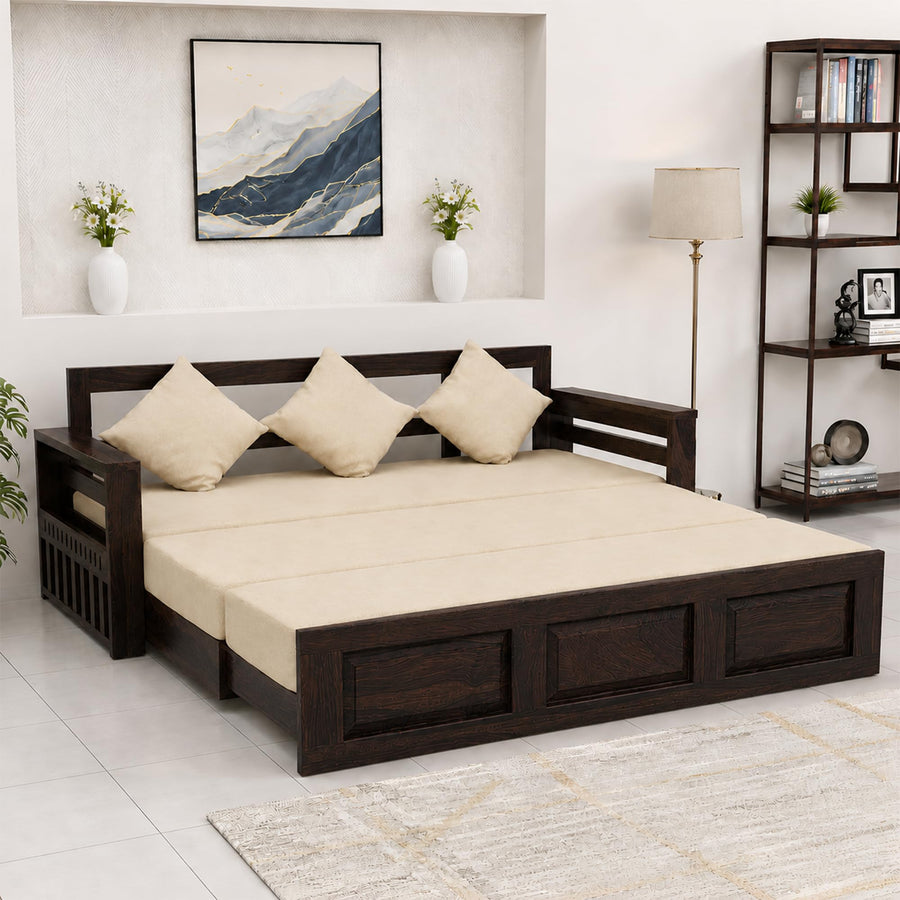 Regal Solid Sheesham Wood Sofa Cum Bed - Walnut Finish