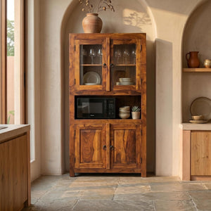 4 Door Sheesham Wood Crockery Cabinet & Book shelf with Glass Door - Natural Finish