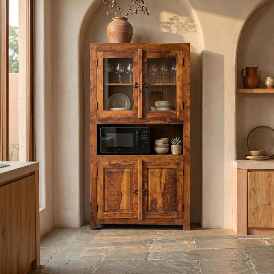 4 Door Sheesham Wood Crockery Cabinet & Book shelf with Glass Door - Natural Finish
