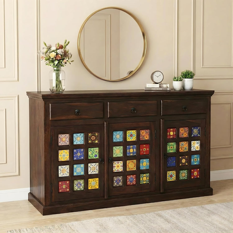 Tile Sheesham Wood Sideboard & Tv Cabinet Finish - Walnut