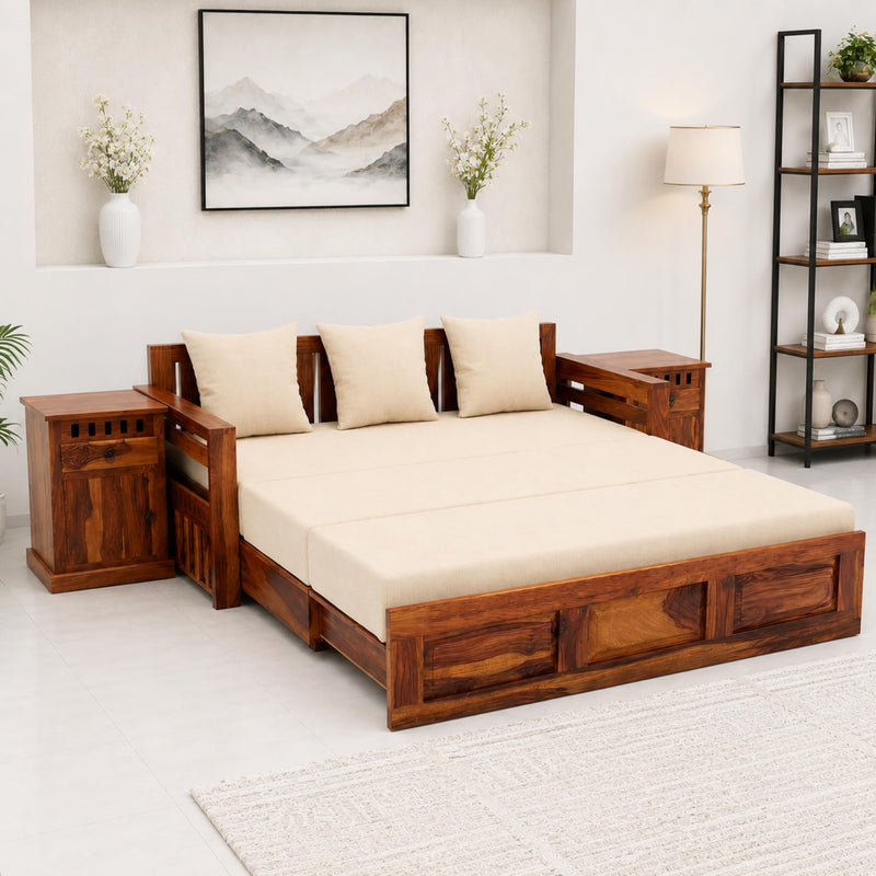 Regal With Bedside Solid Sheesham Wood Sofa Cum Bed - Natural Finish