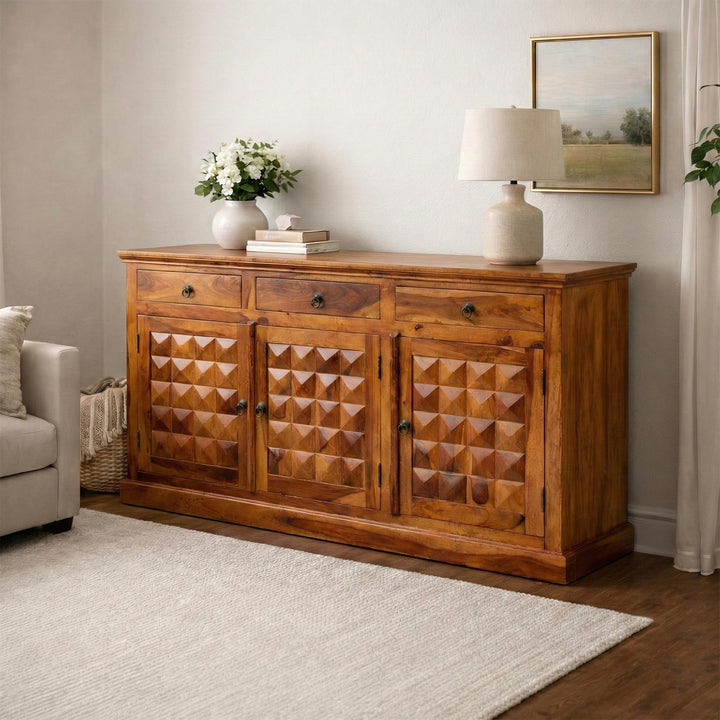 Diamond Solid Sheesham Wood Sideboard Cabinet for Living Room in natural finish