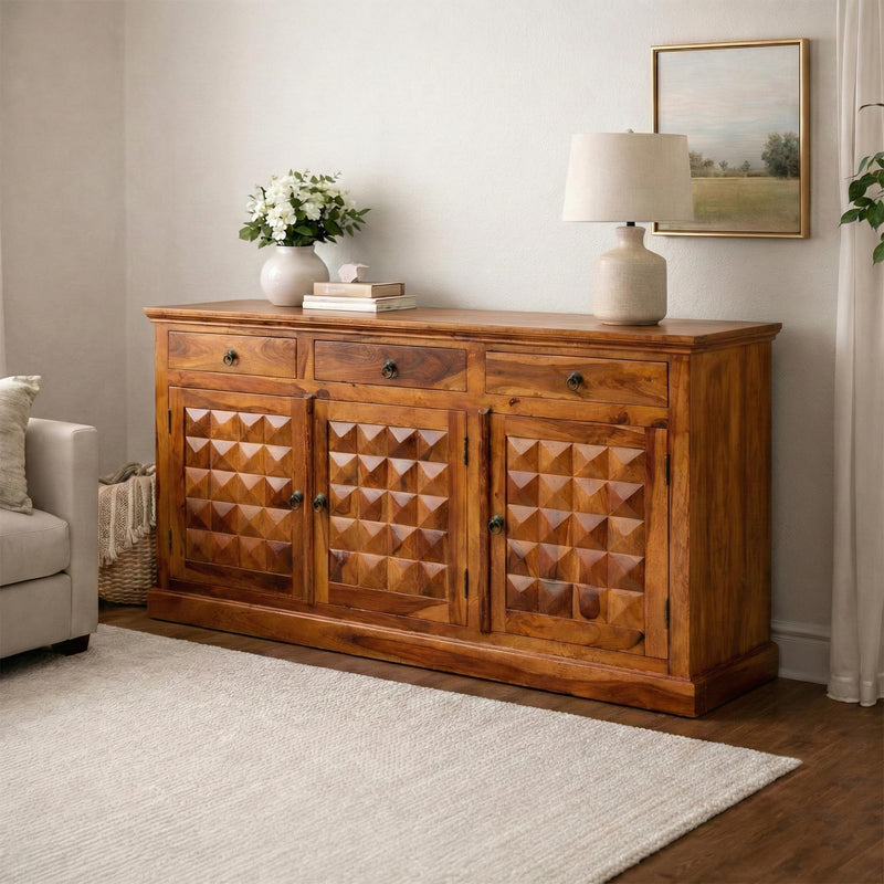 Diamond Solid Sheesham Wood Sideboard Cabinet for Living Room - Natural Finish