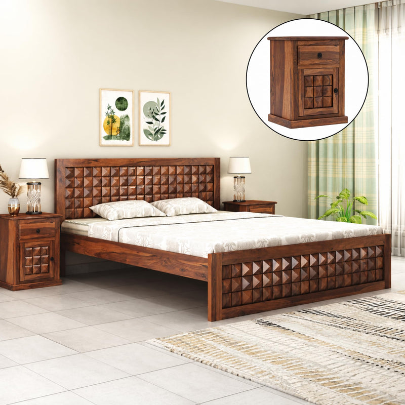 Diamond Solid Sheesham Wood King Size Bed without Storage & 2 Bedside Tables - Natural Finish