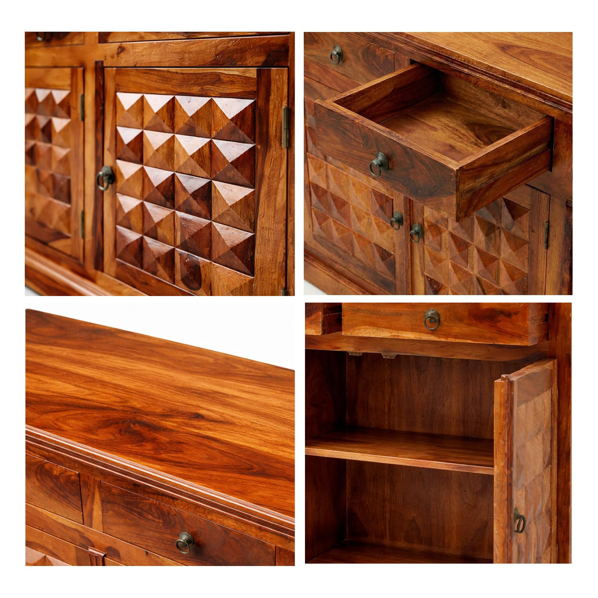 Diamond Solid Sheesham Wood Sideboard Cabinet for Living Room in natural finish - drawer close-up