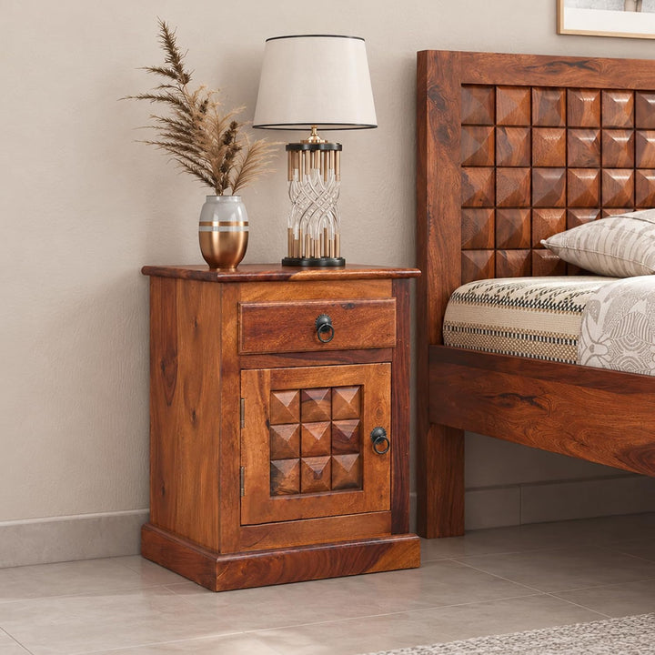 Diamond Solid Sheesham Wood Bedside Table - Natural Finish