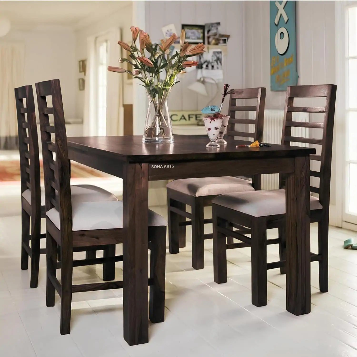 Solid Sheesham Wood 4 Seater Dining Table Set Natural Finish - Walnut