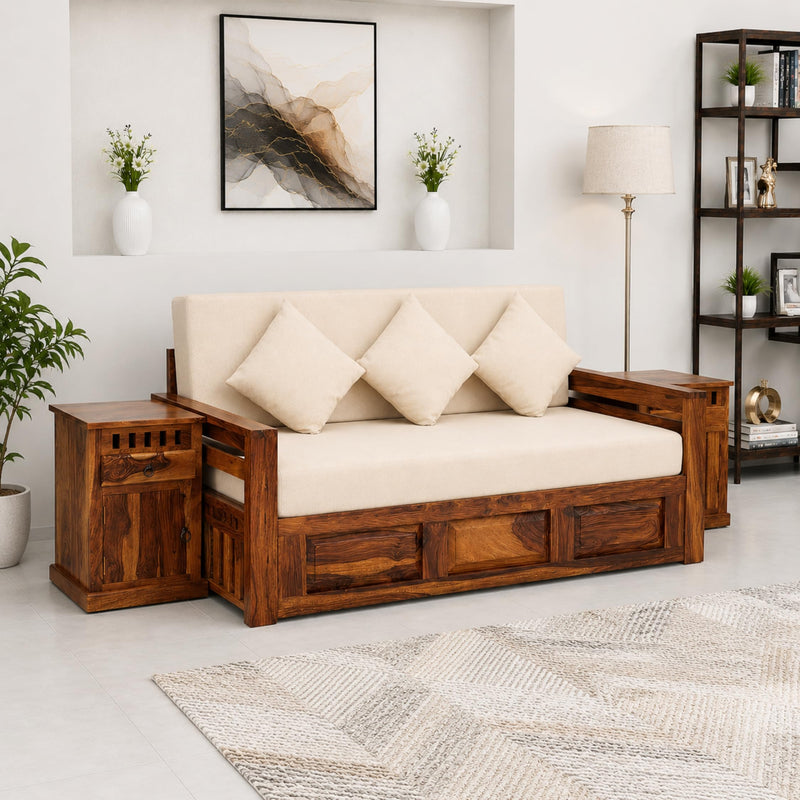 Regal With Bedside Solid Sheesham Wood Sofa Cum Bed - Natural Finish