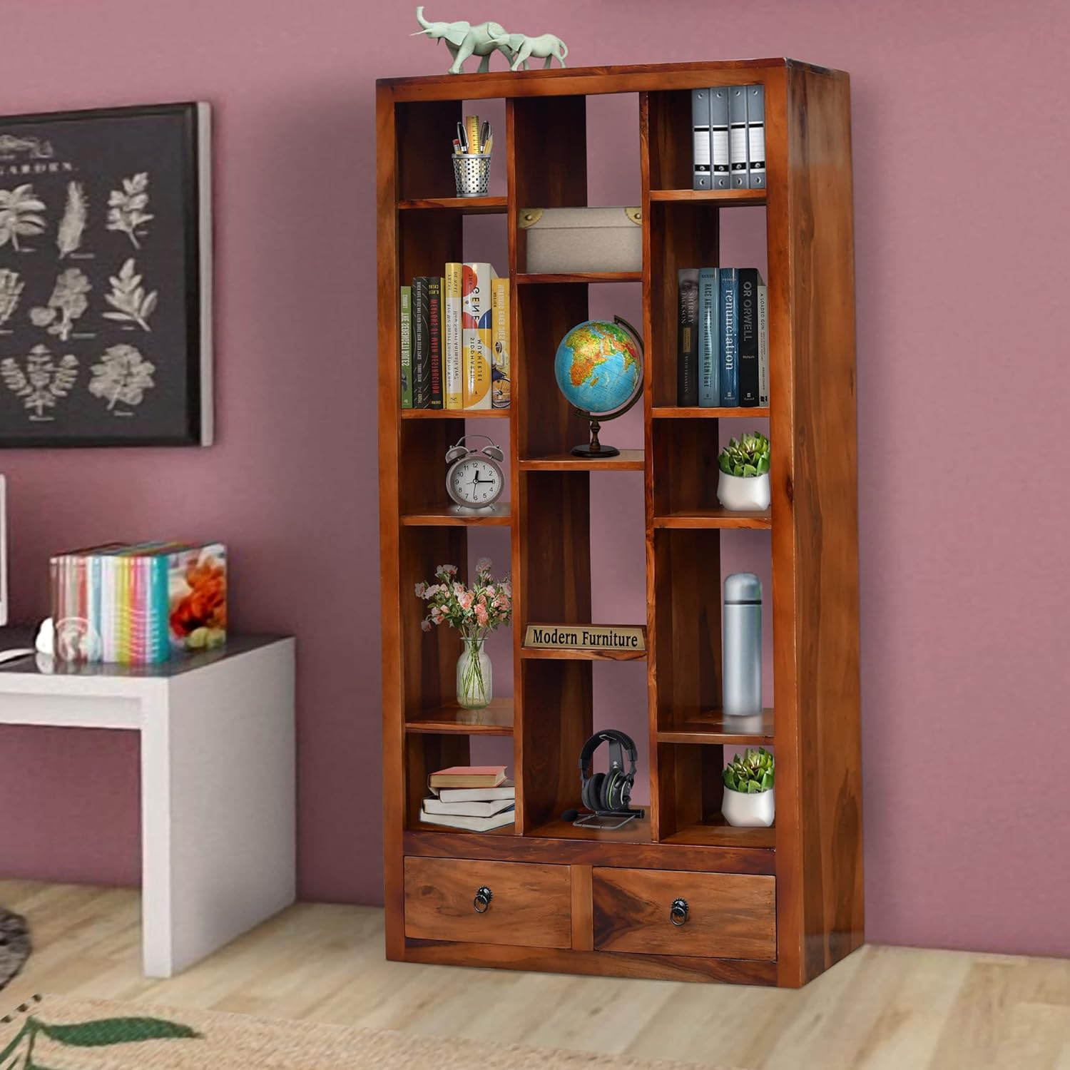 Zigzag Wooden Book Shelf for Home Library - Natural Brown Finish