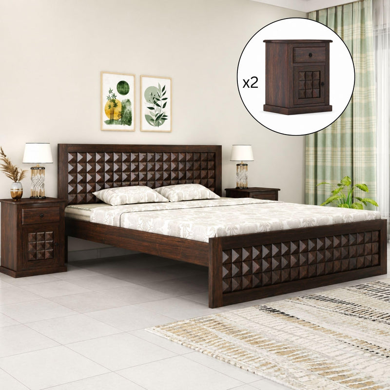 Diamond Solid Sheesham Wood King Size Bed without Storage & 2 Bedside Tables - Walnut Finish