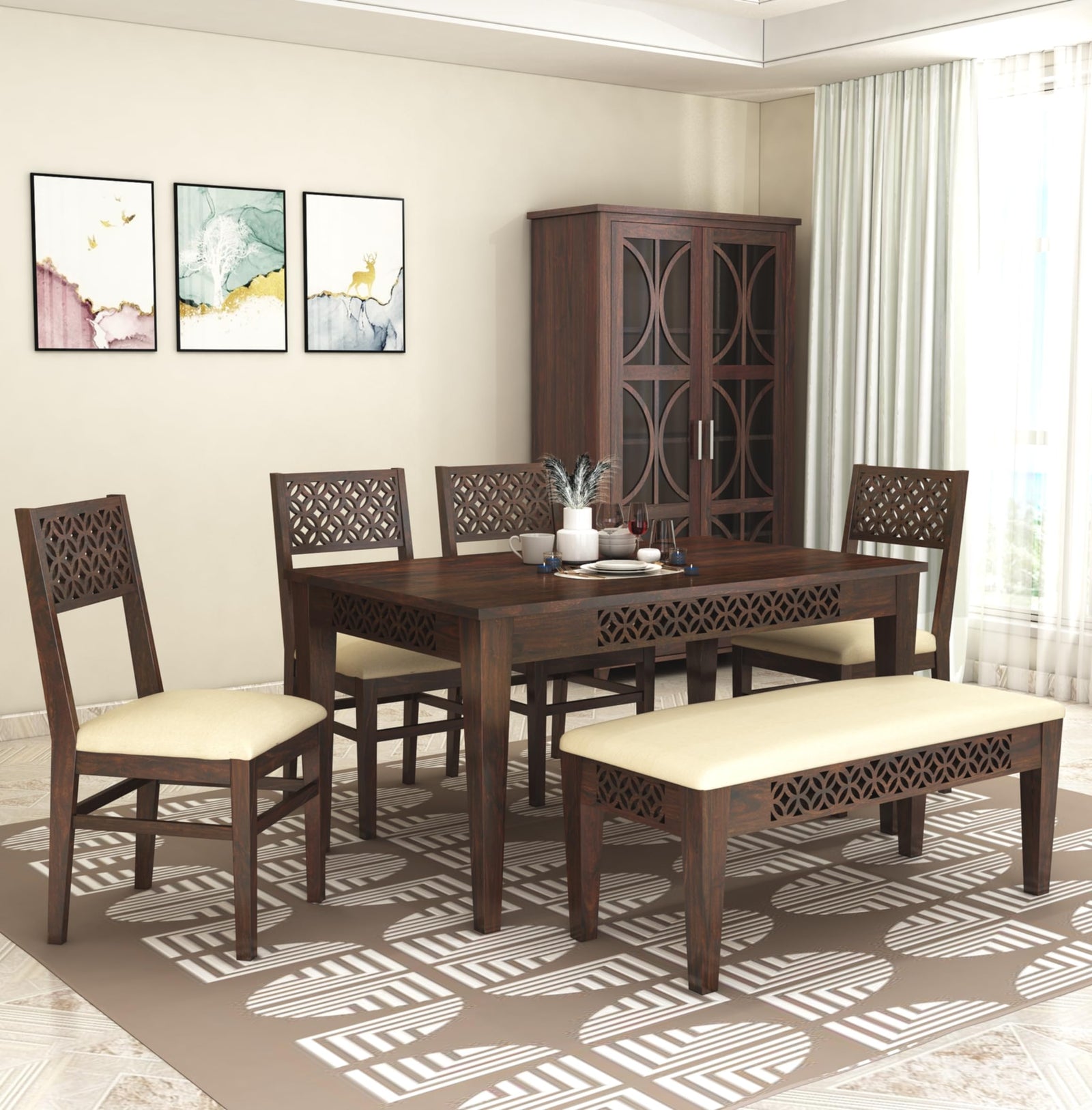 CNC Wooden Dining Table 6 Seater Dining Table Set with 4 Chairs & 1 Bench Walnut Finish