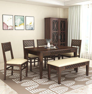 CNC Wooden Dining Table 6 Seater Dining Table Set with 4 Chairs & 1 Bench Walnut Finish