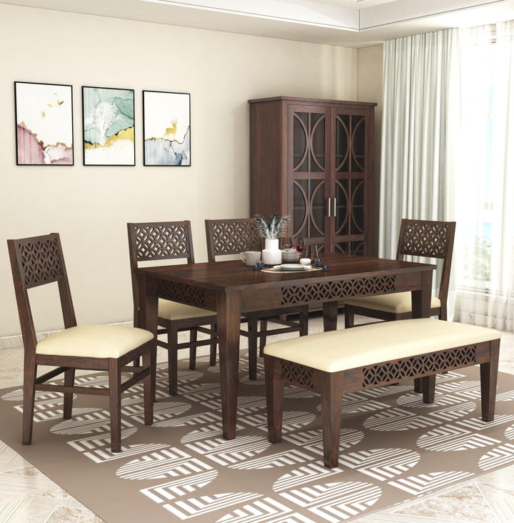 CNC Wooden Dining Table 6 Seater Set with 4 Chairs & 1 Bench in walnut finish