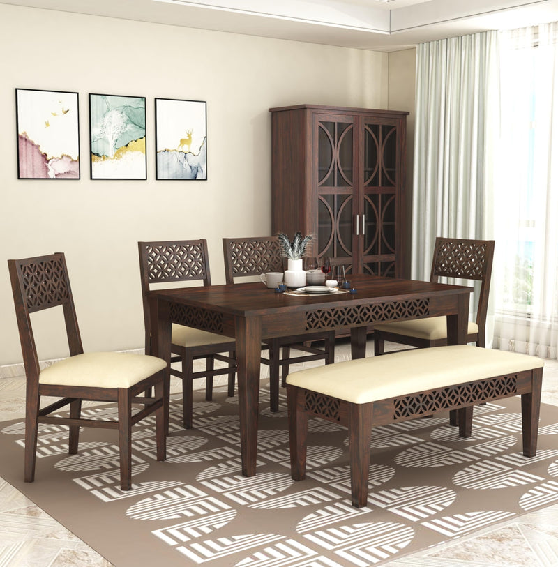 CNC Wooden Dining Table 6 Seater Dining Table Set with 4 Chairs & 1 Bench Walnut Finish
