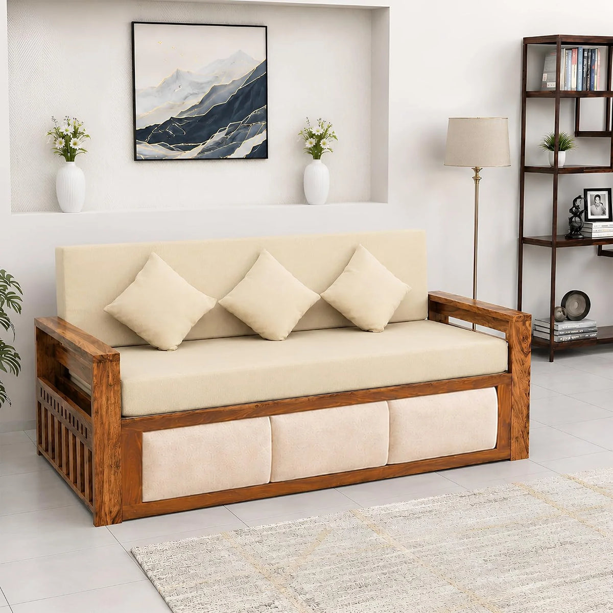 Zeus Solid Sheesham Wood Sofa Cum Bed - Natural Finish
