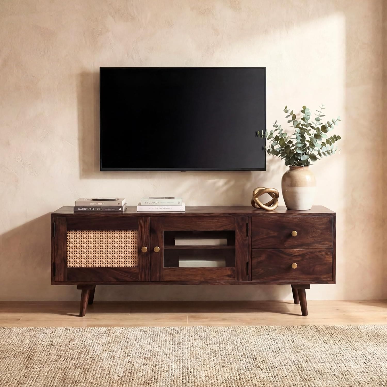 Sheesham Wood Tv Unit for Living Room  TV Cabinet with Door Walnut