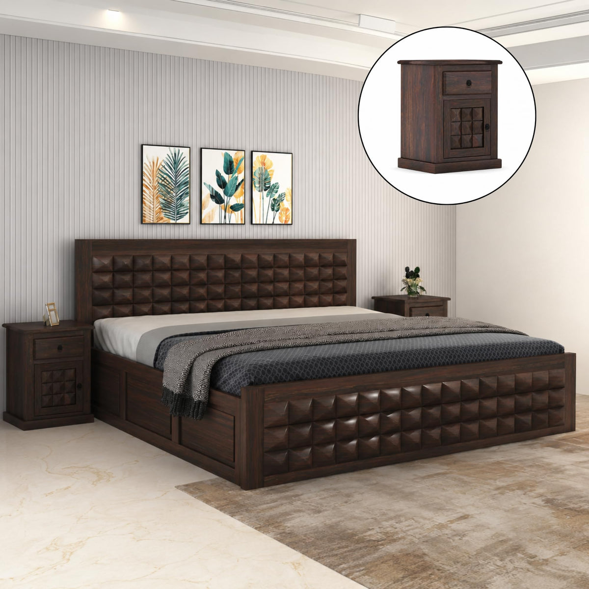 Niwar Solid Sheesham Wood Queen Size Bed without Storage - Walnut Finish