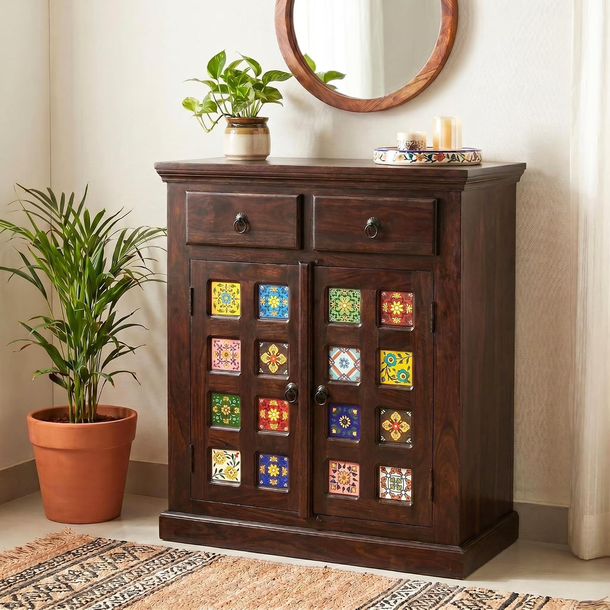 Small Tile Wooden Sideboard Tv Cabinet for Living Room Finish - Walnut