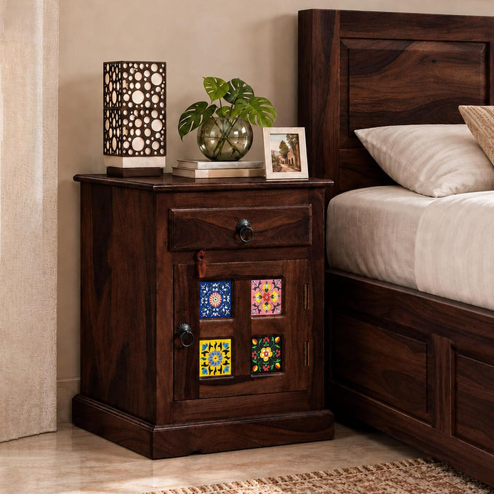 Tile Solid Sheesham Wood Bedside Table - Walnut Finish