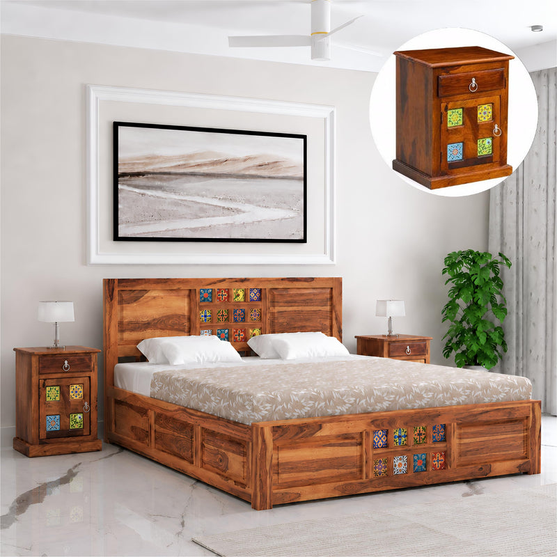 Taurus Solid Sheesham Wood Queen Size Bed with Box Storage & 2 Bedside Tables - Natural Finish