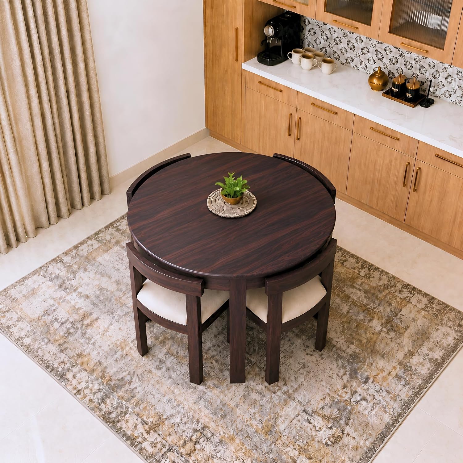 Cero Sheesham Wood Round 4 Seater Dining Table Set - Walnut Finish