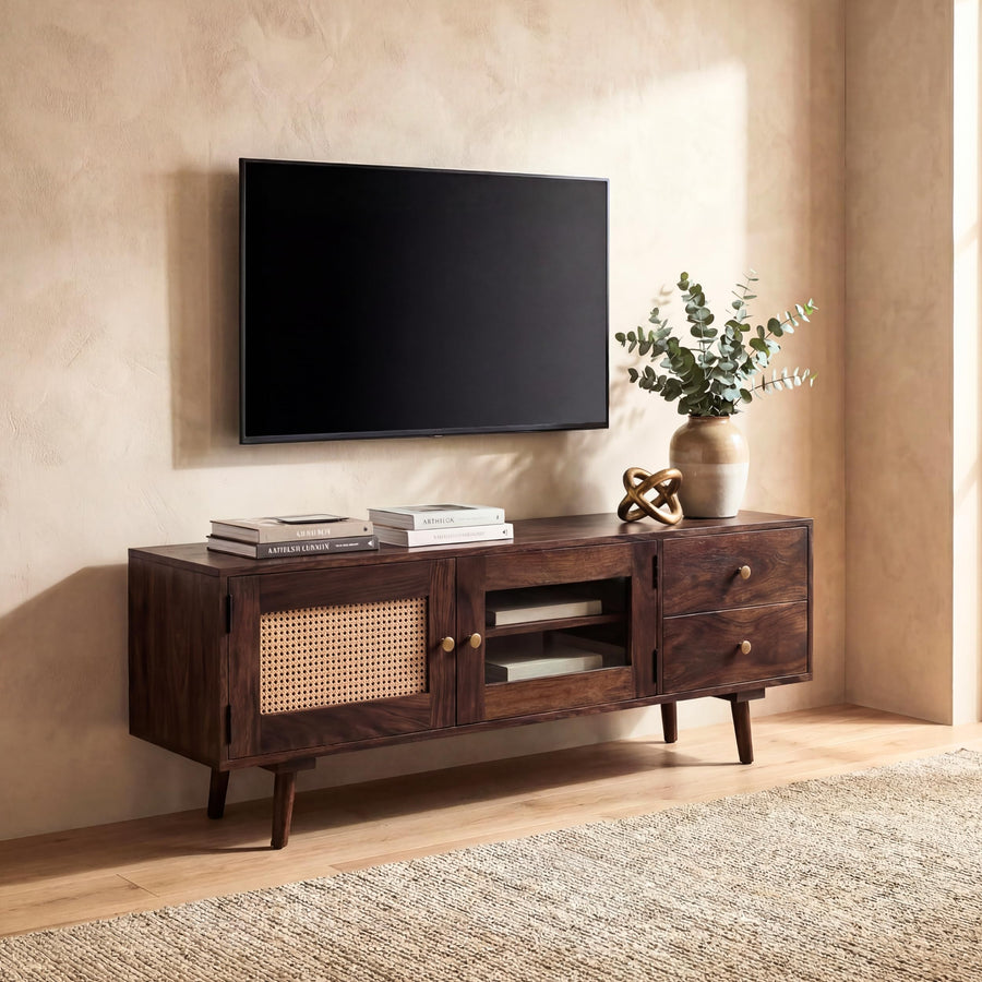 Heritage Solid Sheesham Wood TV Unit for Living Room - Walnut Finish