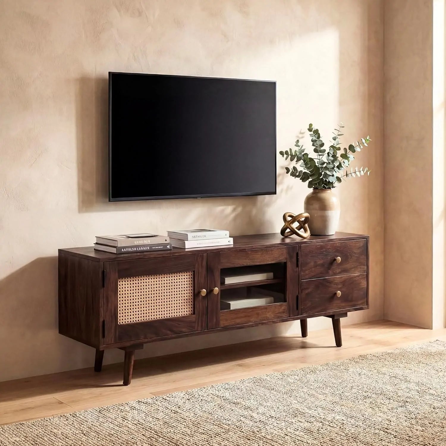 Sheesham Wood Tv Unit for Living Room  TV Cabinet with Door Walnut