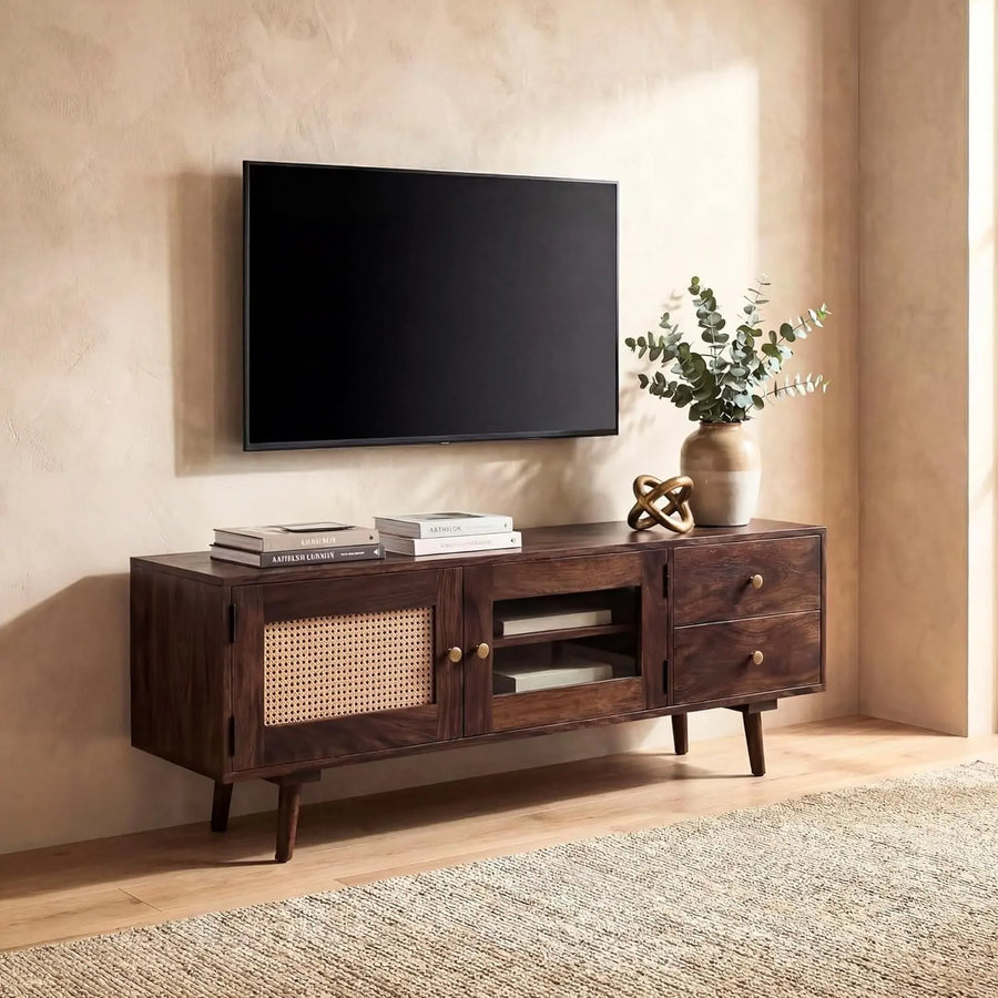 Sheesham Wood Tv Unit for Living Room  TV Cabinet with Door Walnut