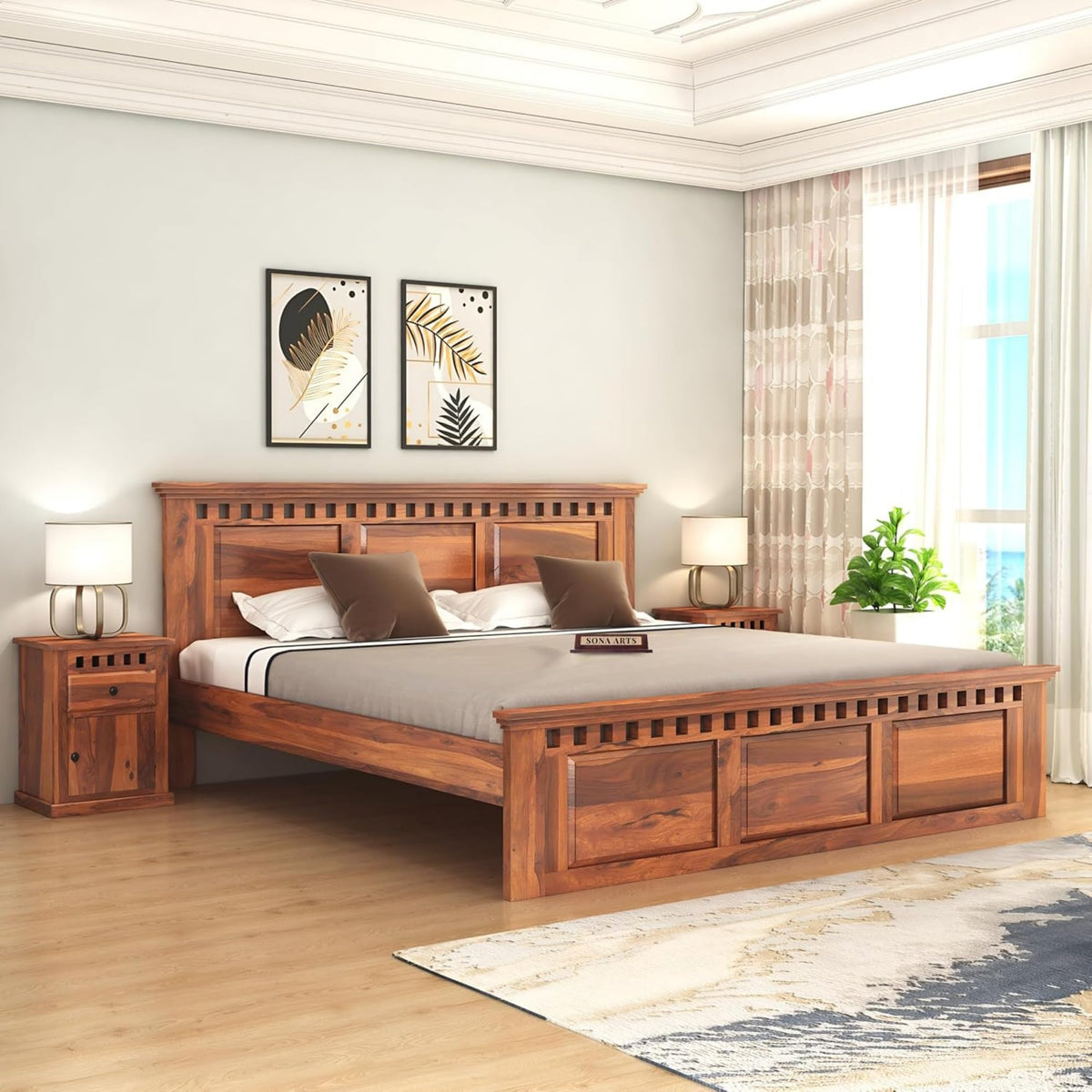 Kuber Solid Sheesham Wood King Size Bed without Storage in natural finish