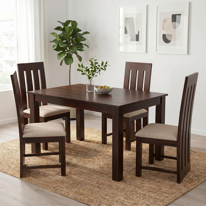 Poster Cushion Solid Sheesham Wood 6 Seater Dining Table Set - Walnut Finish