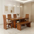 Wooden Dining Table Set 6 Seater 1 Bench with Cushion Chair Finish - Honey